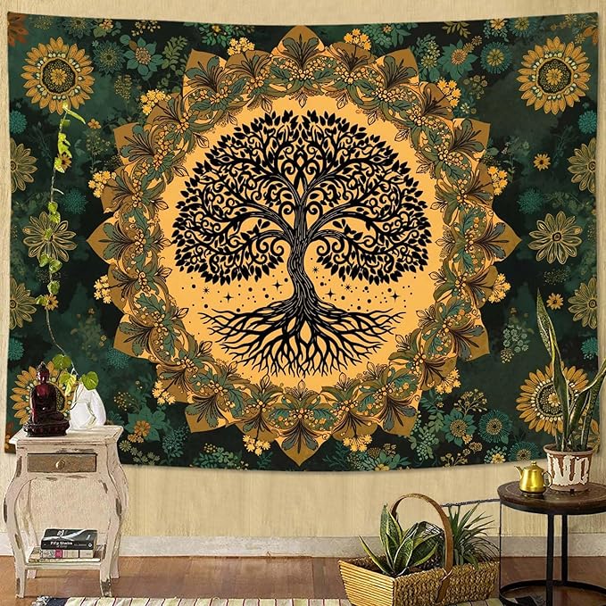 Zussun Tree of Life Tapestry Vintage Boho Mandala Tapestries for Bedroom Aesthetic Retro Bohemian Green Yellow Plant Floral Flowers Leaves Tapestry Wall Hanging for Dorm Living Room 48 x 36 Inch