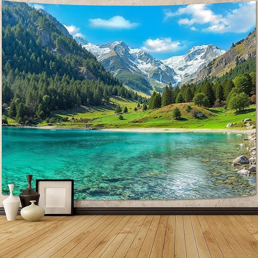 Zussun Nature Forest Mountain Tapestry Lush Green Pine Tree Lake Tapestry for Bedroom Aesthetic Meadow Mountain Landscape Large Tapestries Wall Hanging for Dorm Living Room Decor 80 x 60 Inch