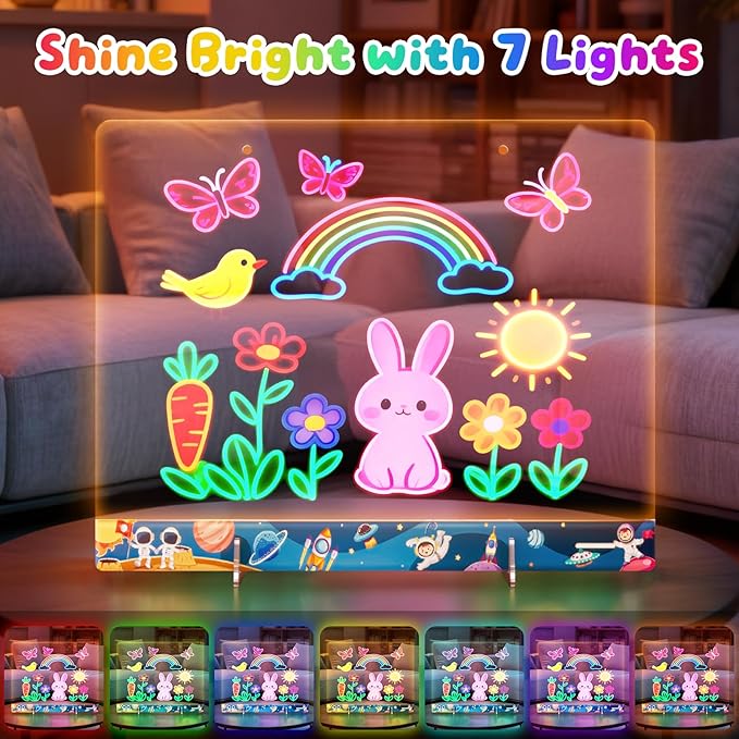 16" LumiBoard LED Drawing Board for Kids - 7 Colors & 10 Modes Rechargeable Acrylic LED Note Board with 7 Markers Cleaning Kit, Sketching & Birthday Gifts for Kids/Girls/Teens（Space）