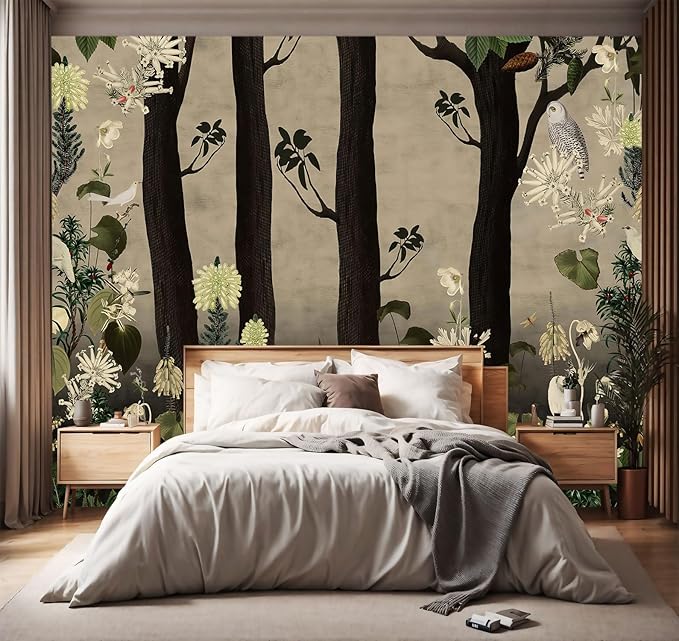 YIHWM -Tropical Botanical Birds and Flowers Dark Backdrop Large Fabric Wallpaper Plant Animals Jungle Bedroom Bathroom Wall Mural- 160"x108"（ not Peel and Stick）