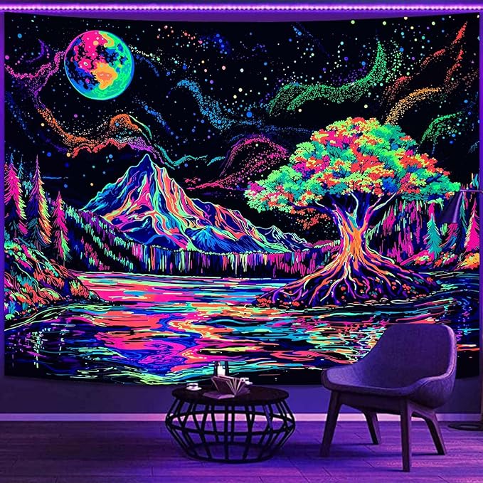 Zussun Blacklight Mountain Forest Tapestry Hippie Tree of Life Tapestries for Bedroom Aesthetic Glow in The Dark Moon and Stars Tapestry Wall Hanging for Living Room Dorm 60 × 44 Inch