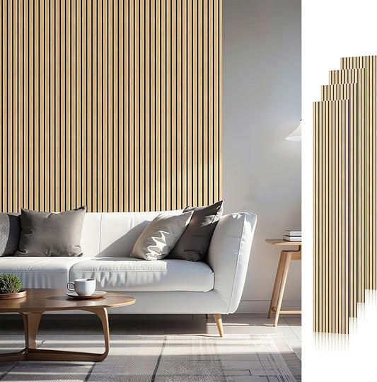 Wood Slat Acoustic Panels, 94" x 12.6" Each Soundpoof Wooden Slat Wall Panel - White Oak, 4 Pack