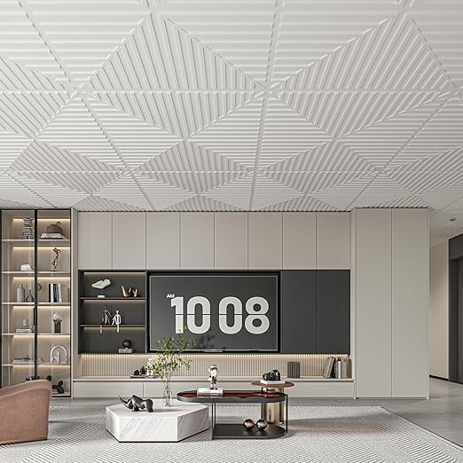 Art3d 12-Pack Drop Ceiling Tiles 2x2 FT, PVC 3D Textured Panels for Interior Wall Decor Living Room Bedroom Office, 24x24 Inch, White