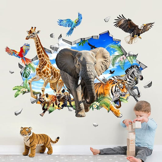 3D Safari Animals Wall Decals Break Through Elphant Giraffe Tiger Leopard Zebra Jungle Animals Wall Stickers for Boys Kids Bedroom Baby Nursery Playroom Classroom Decor