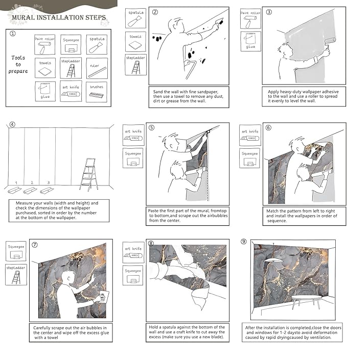 AFZEVEB-Gray and Gold Marble Wallpaper Wall murals for Bedroom 136"x96"(Not Peel and Stick)