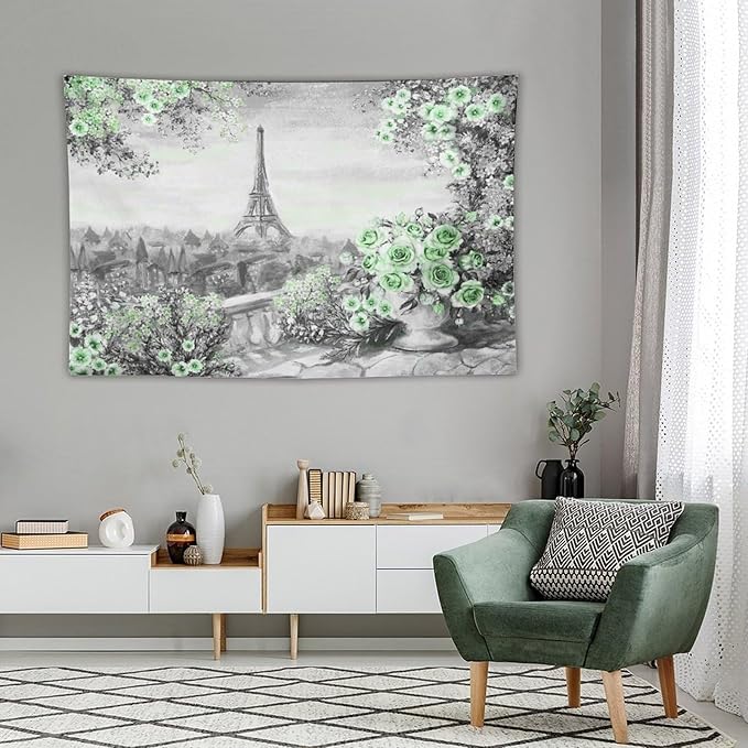 ZhiRain Vintage Paris Tapestry Wall Hanging Eiffel Tower Green Rose Flower Spring Cityscape Gray Tapestries Home Decor for Living Room Bedroom Apartment Farmhouse Dorm 40"x60"