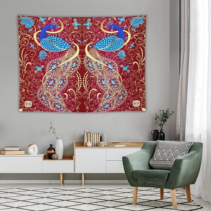 ZhiRain Peacock Ornament Tapestry Wall Hanging Golden Red Background Elegant Bohemian Style Tapestries Home Decor for Living Room Bedroom Farmhouse Apartment Dorm 60"x80"