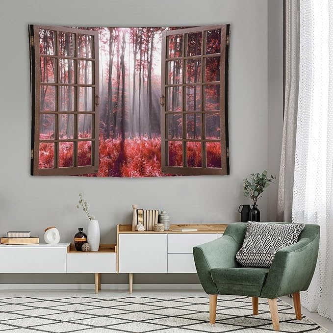 ZhiRain Red Forest Tapestry Wall Hanging Season Foggy Nature And Enchanted Woods Wild Trees Print Tapestries Home Decor for Living Room Bedroom Apartment Farmhouse Dorm 60"x80"