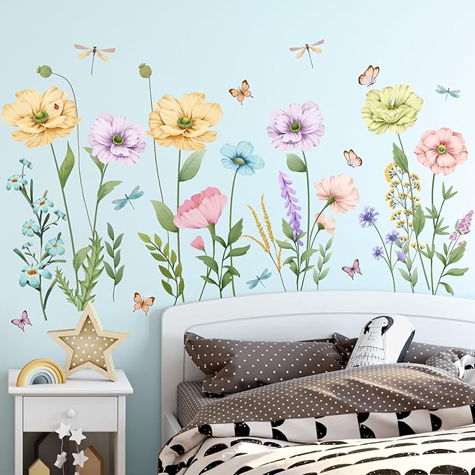 Watercolor Poppy Flower Wall Decals Garden Floral Wall Stickers Colorful Wildflower Butterfly Wall Art Decor Removable Boho Wisteria Peel and Stick Wall Murals for Kids Bedroom Nursery Home Decoration