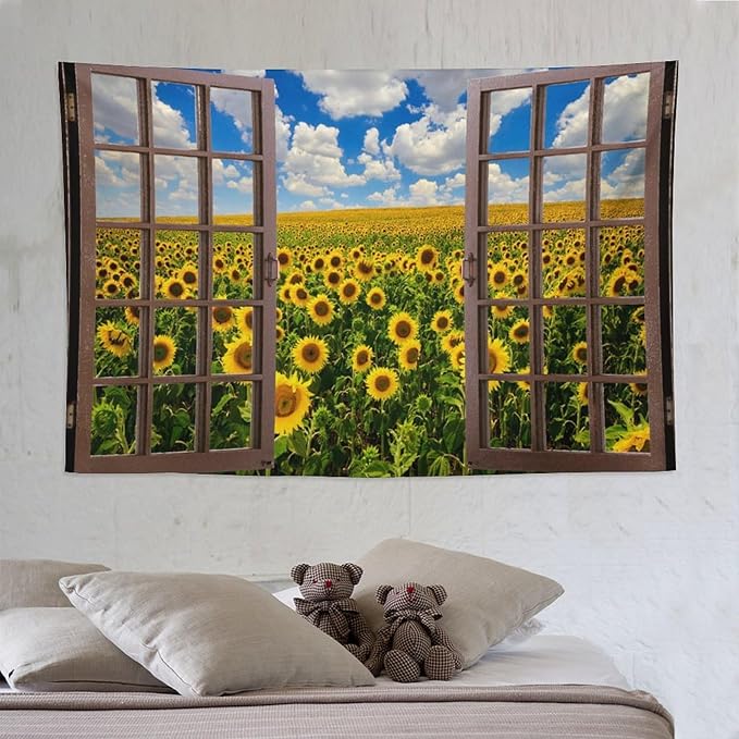 ZhiRain Sunflowers Scenery Tapestry Wall Hanging Fields Blue Sky White Clouds Landscape Tapestries Home Decor for Living Room Bedroom Farmhouse Apartment Dorm 60"x90"