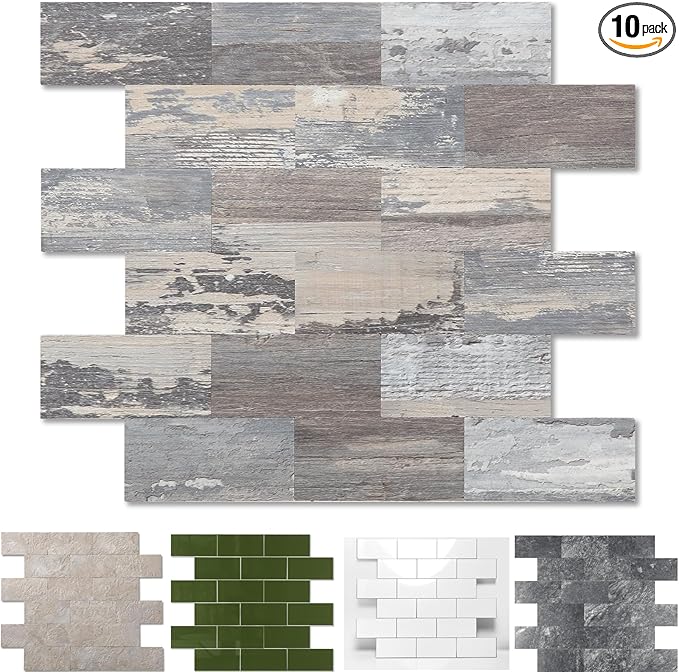10-Pack Peel and Stick Tile Backsplash 11.3"X11.5" PVC Wall Tiles, Stick on Backsplash for Kitchen, Bathroom, Fireplace Décor, Laundry Table, Stair Decals in Light Rustic
