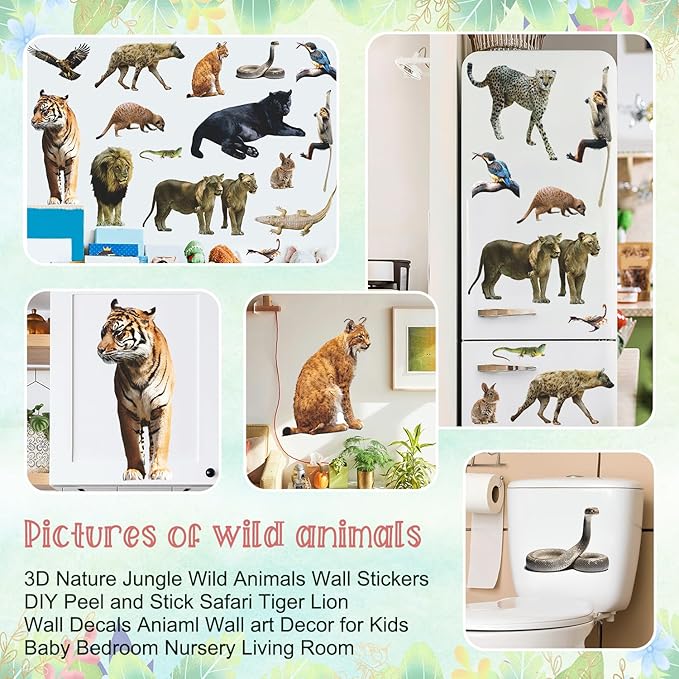 AM AMAONM Removable 3D Nature Jungle Wild Animals Wall Stickers DIY Peel and Stick Safari Tiger Lion Elephant Wall Decals Aniaml Wall Art Decor for Kids Baby Bedroom Nursery Living Room (Wild Animal)