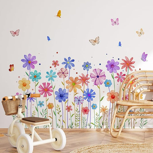 3 Pieces Colorful Flowers Wall Decals Vinyl Colorful Flowers Wall Stickers Removable Floral Art Murals Peel and Stick Colorful Decor for Girls Bedroom Living Room Nursery