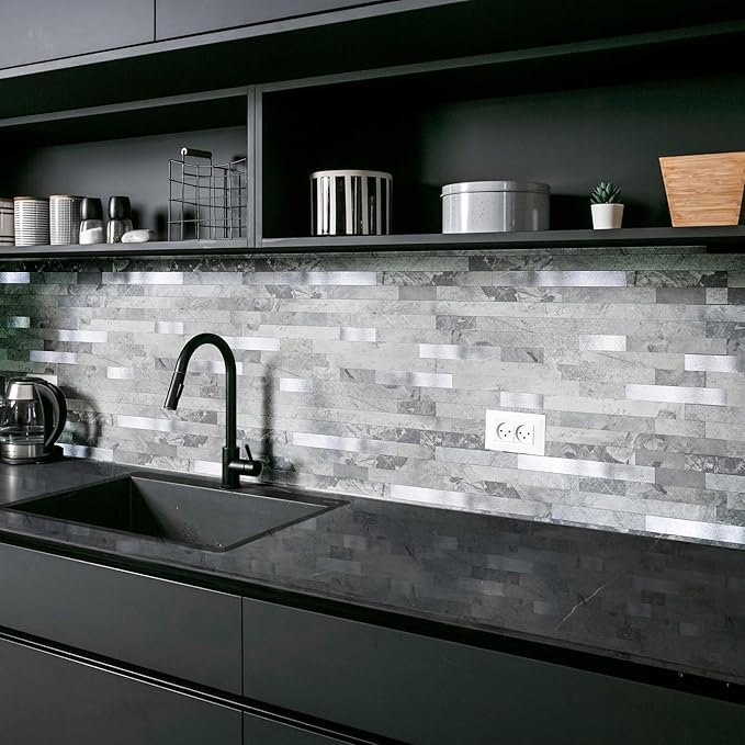 Yipscazo 40 Sheets Peel and Stick Stone Metal Backsplash, PVC Wall Tiles Stick on Tiles for Backsplash Kitchen, Bathroom, Fireplace (6'' X 12'', Gray Stone)