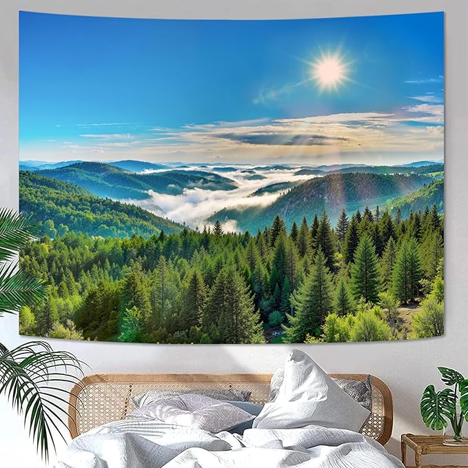 Zussun Nature Forest Mountain Tapestry Green Pine Tree Sunshine Jungle Tapestry for Bedroom Aesthetic Plant Mountain Landscape Small Tapestries Wall Hanging for Dorm Living Room Decor 48 x 36 Inch