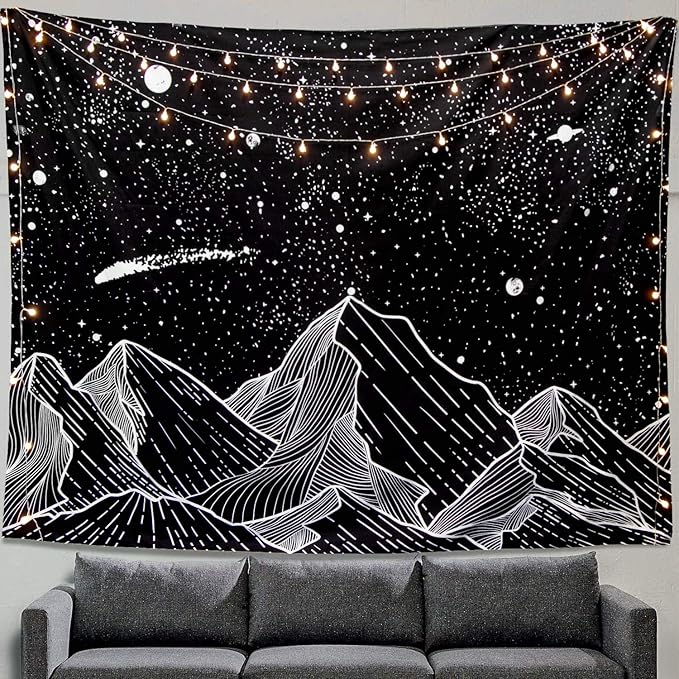 Zussun Black and White Tapestry Starry Night Mountain Tapestries for Bedroom Aesthetic Moon and Stars Tapastry's Wall Hanging Dark Nature Forest Wall Tapestry for Living Room Dorm (Dark, 48'' × 36'')