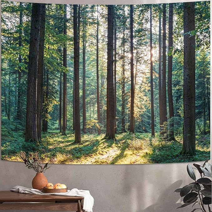 Zussun Nature Forest Tapestry Green Woodland Tree Wall Tapestry for Bedroom Aesthetic Sunshine Landscape Small Tapestries Wall Hanging for Dorm Living Room Decor 48 x 36 Inch