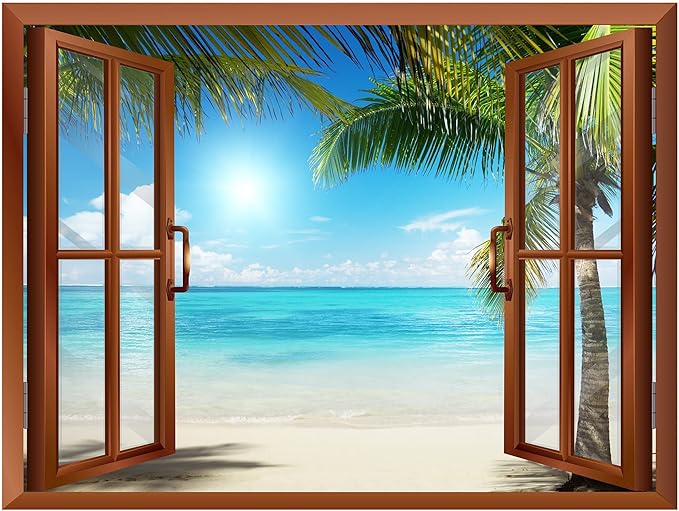 wall26 Beautiful Landscape of Palm Tree on The Beach and Clear Sea from Inside a Window Removable Wall Sticker/Wall Mural - 24"x32"