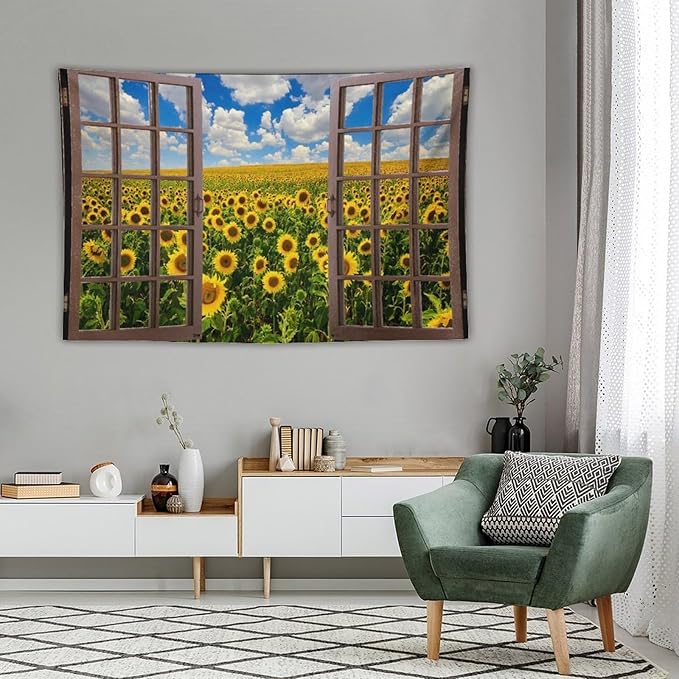 ZhiRain Sunflowers Scenery Tapestry Wall Hanging Fields Blue Sky White Clouds Landscape Tapestries Home Decor for Living Room Bedroom Farmhouse Apartment Dorm 40"x60"