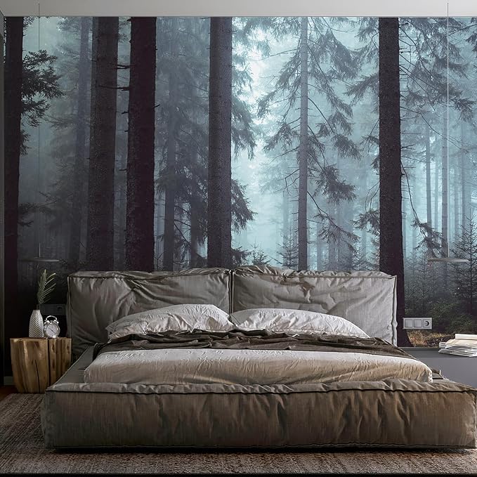 Zeeko Dark Foggy Forest Wall Mural Peel and Stick 148" Wx 98" H Misty Woodland Pine Tree Self Adhesive Removable Wallpaper Large Canvas Waterproof Landscape Mural for Bedroom