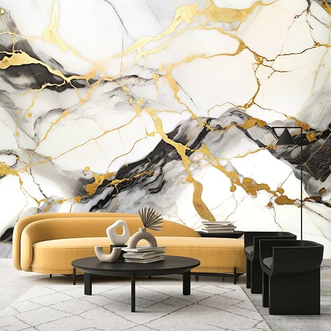 AFZEVEB-Black and Gold Marble Wallpaper Wall murals for Bedroom 136"x96" (Not Peel and Stick)