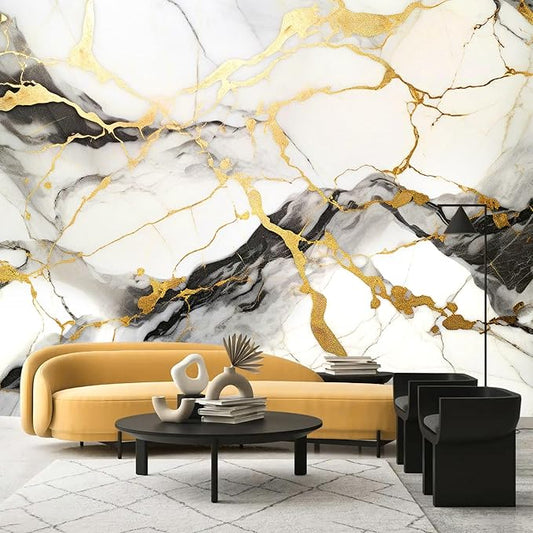 AFZEVEB-Black and Gold Marble Wallpaper Wall murals for Bedroom 136"x96" (Not Peel and Stick)