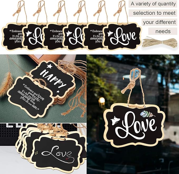 24 Pack Chalkboard Tags with String, 2.36x3.35 Inch Mini Wood Chalkboards Signs with Gold and Silver Markers, Hanging Chalkboard Labels Massage Board Signs, Price Tags