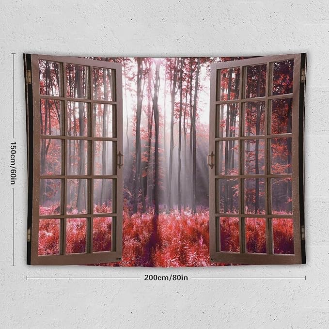 ZhiRain Red Forest Tapestry Wall Hanging Season Foggy Nature And Enchanted Woods Wild Trees Print Tapestries Home Decor for Living Room Bedroom Apartment Farmhouse Dorm 60"x80"