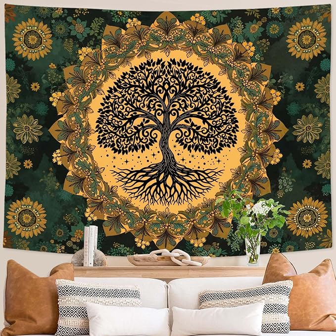 Zussun Tree of Life Tapestry Vintage Boho Mandala Tapestries for Bedroom Aesthetic Retro Bohemian Green Yellow Plant Floral Flowers Leaves Tapestry Wall Hanging for Dorm Living Room 90 x 68 Inch