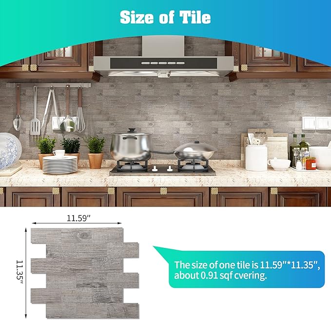 20-Pack Peel and Stick Tile Backsplash 11.3"X11.5" PVC Wall Tiles, Stick on Backsplash for Kitchen, Bathroom Tile, Fireplace Décor, Laundry Table, Stair Decals in Grey Rustic