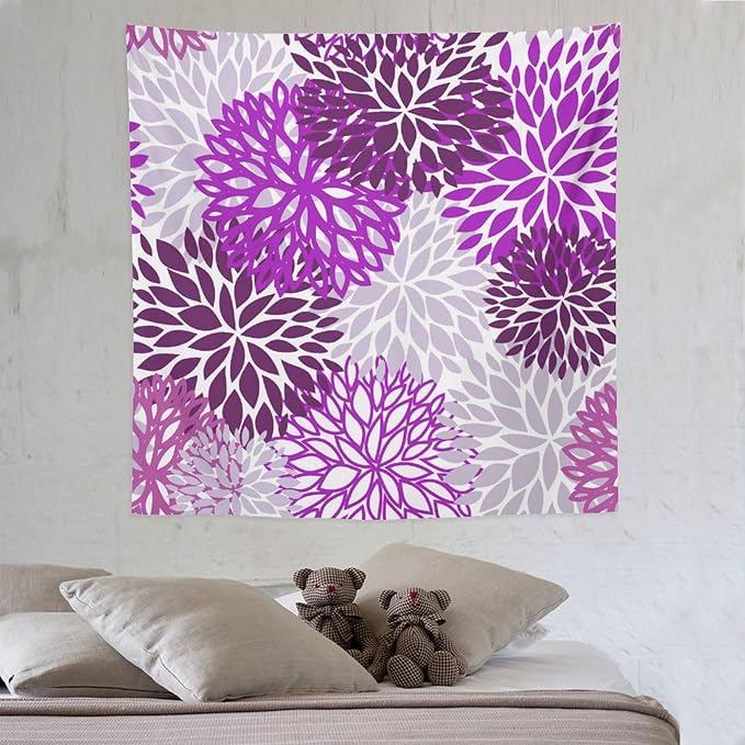 ZhiRain Dahlia Flower Tapestry Wall Hanging Purple Abstract Floral Chrisanthemum Pattern Tapestries Home Decor for Living Room Bedroom Farmhouse Apartment Dorm 60"x60"