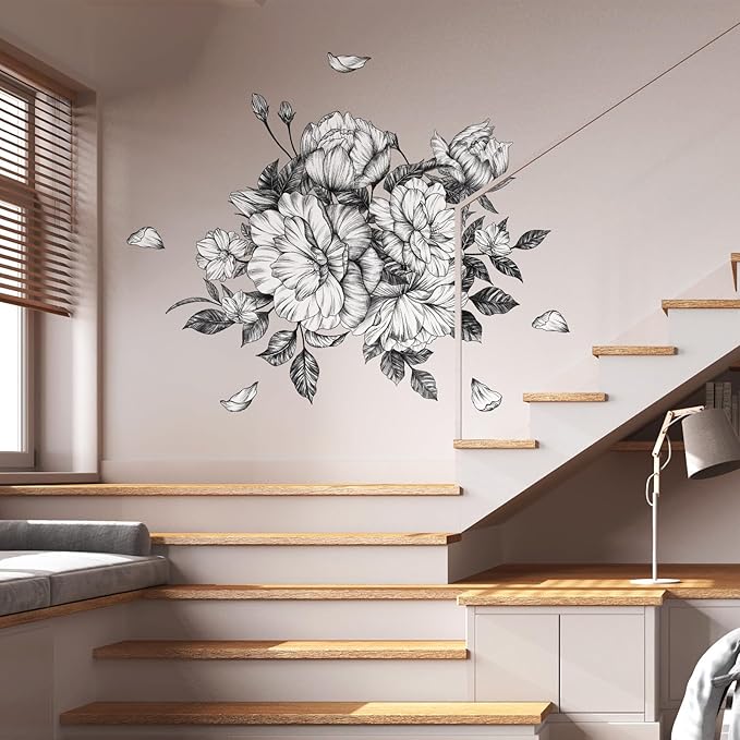 Zonon 6 Pcs Flowers Wall Decals Stickers Vinyl Removable Peel and Stick Colorful Dragonflies Floral Wall Murals Decor for Bedroom Living Room Nursery(Floral Peony)