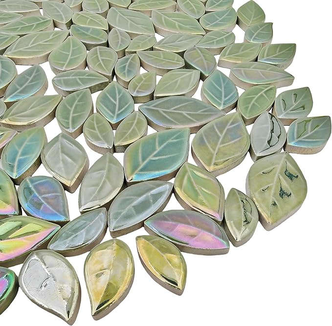 500g/1.1lb Leaf-Shaped Ceramic Mosaic Tiles,Ceramic Mosaic Pieces for Crafts,Mosaic Tiles for Home Decoration or DIY Crafts,Mosaic Making Supplies. (Iridescent Light Green)