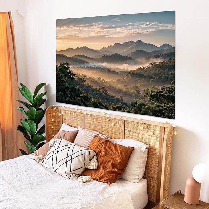 Zussun Nature Mountain Forest Tapestry Dawn Misty Green Tree Jungle Wall Tapestry for Bedroom Aesthetic Lush Sunshine Landscape Small Tapestries Wall Hanging for Dorm Living Room Decor 48 x 36 Inch