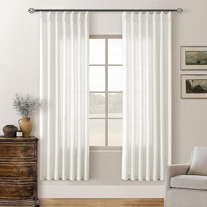 72 Inch Linen Curtains Pinch Pleated 2 Panels for Dining Room Bedroom Semi Sheer Pleat Drapes with Hooks Rings Light Filtering Short Window Curtain Cabit Closet Beige Ivory White 40x72