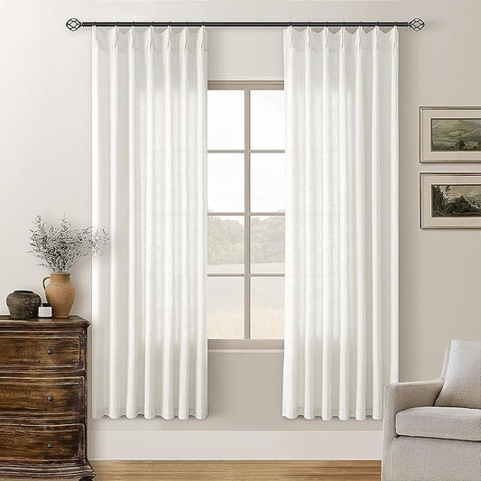 72 Inch Linen Curtains Pinch Pleated 2 Panels for Dining Room Bedroom Semi Sheer Pleat Drapes with Hooks Rings Light Filtering Short Window Curtain Cabit Closet Beige Ivory White 40x72