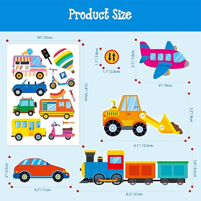 105 PCS Vehicle Wall Stickers, Self-Adhesive Vinyl Transportation Decals-Cars Buses Trucks Planes Road Signs, Colorful Wall Decors for Kids Room, Playroom, Classroom, Boys & Girls
