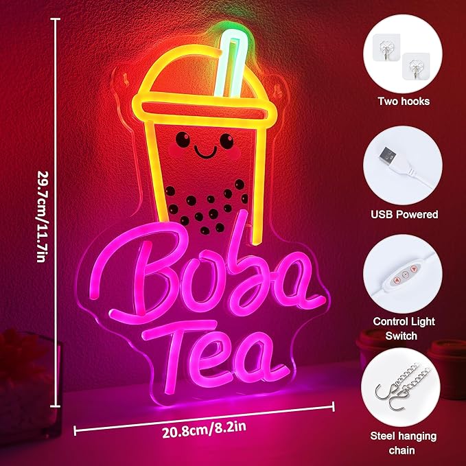 YuanDian Boba Tea Neon Sign, Dimmable LED Bubble Tea Neon Lights USB Powered for Bedroom Living Room Wall Decor, Gifts for Kids Adults