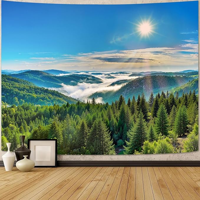 Zussun Nature Forest Mountain Tapestry Green Pine Tree Sunshine Jungle Tapestry for Bedroom Aesthetic Plant Mountain Landscape Small Tapestries Wall Hanging for Dorm Living Room Decor 48 x 36 Inch