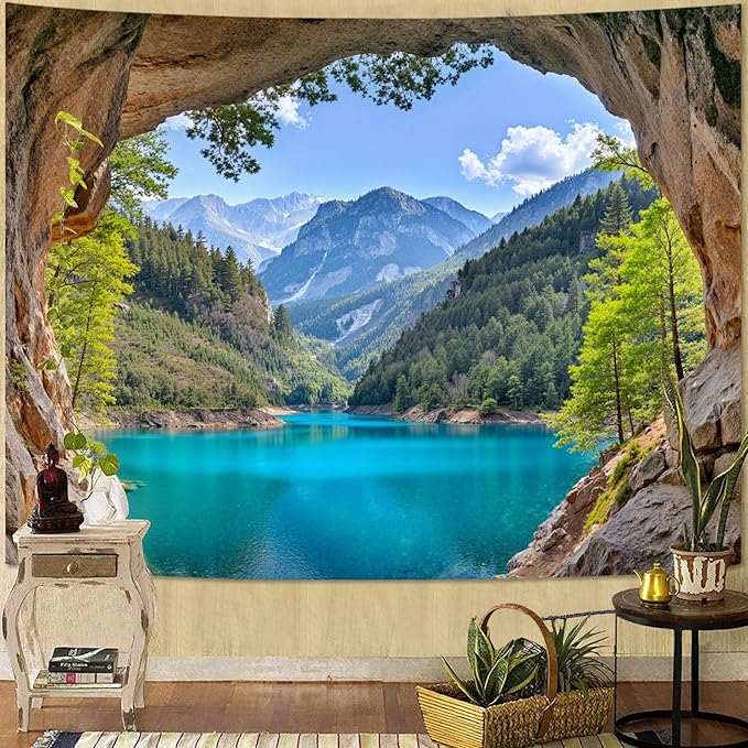 Zussun Nature Forest Mountain Tapestry Cave Pine Tree Tapestry for Bedroom Aesthetic Teal Lake Landscape Small Tapestries Wall Hanging for Dorm Living Room Decor 48 x 36 Inch
