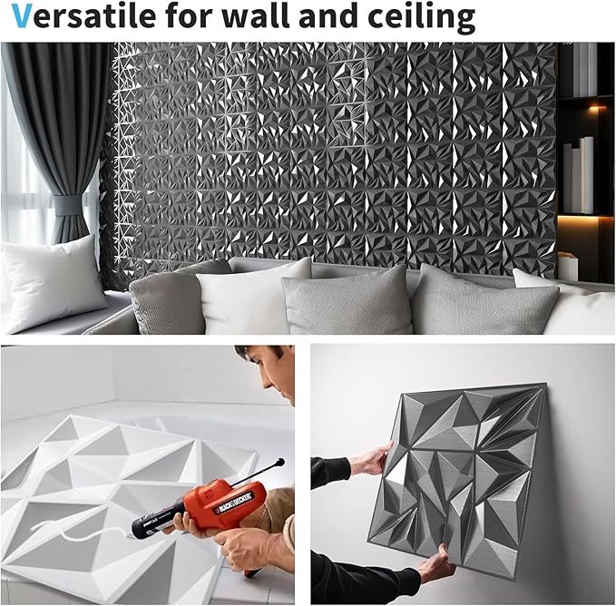 Art3d 33-Pack 3D Wall Panels - Diamond Textured Feature Paneling for Gaming, Living Room, TV Wall - 12 x 12 inch Silver