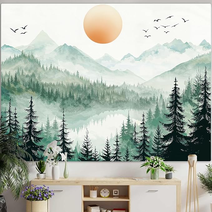 Accnicc Misty Forest Mountain Tapestry Sage Green Nature Pine Tree Wall Tapestry for Bedroom Aesthetic Watercolor Woods Lake Large Tapestries Wall Hanging for Living Room Dorm Decor 80 x 60 Inch