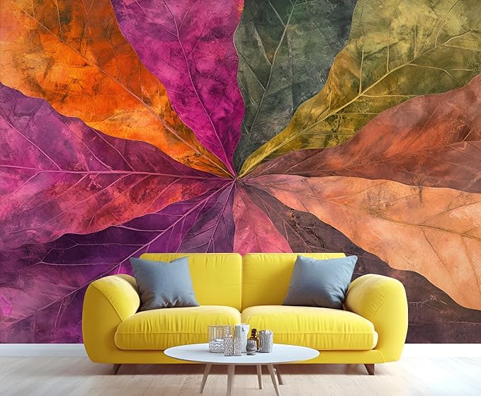 Abstract Colorful Gradient Leaves Wall Mural, Marble Texture Mural Wallpaper, Nordic Creative Art Large Wallpaper for Bedroom Living Room Dining Room Wall Decor 98.4" W x 68.9" H