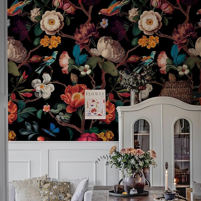 Zeeko Black Floral Mural Peel and Stick Wallpaper Removable Vintage Wallpaper Large Art Decor for Bedroom Livingroom Home 118'' x 65''