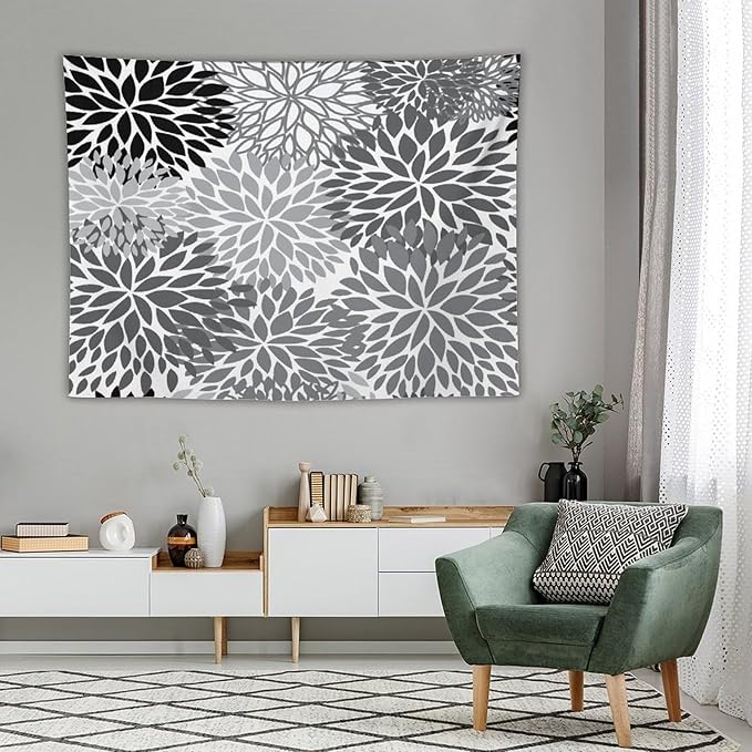 ZhiRain Black Grey Floral Tapestry Wall Hanging Boho Dahlia Chrisanthemum Flowers Pattern Tapestries Home Decor for Living Room Bedroom Farmhouse Apartment Dorm 60"x80"