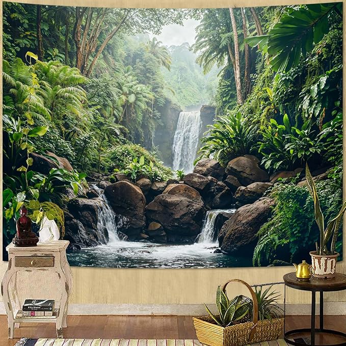 Zussun Nature Forest Tapestry Green Rainforest Tree Wall Tapestry for Bedroom Aesthetic Waterfall Lush Landscape Small Tapestries Wall Hanging for Dorm Living Room Decor 48 x 36 Inch