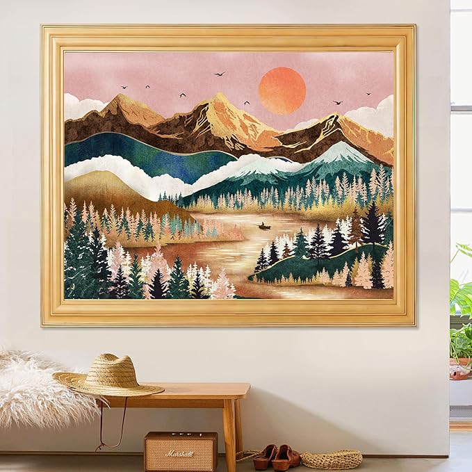 Zussun Mountain Tapestry Nature Forest Tree Tapestries for Bedroom Aesthetic Sunset Tapastry's Wall Hanging Orange and Green Landscape Wall Tapestry for Living Room Dorm (Orange, 48'' × 36'')