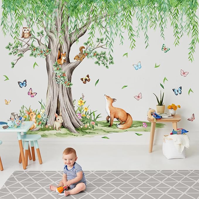 AM AMAONM Large Removable Watercolor Tree with Hanging Green Leaves Vine Wall Sticker Cartoon Animals Wall Decal Peel and Stick Flower Decor for Kids Bedroom Nursery Living Room