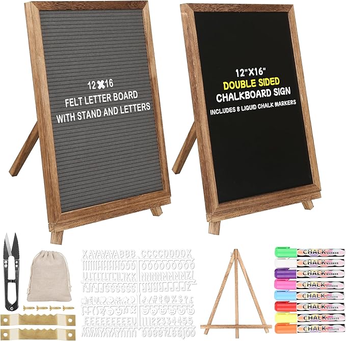 12x16 inch Double Sided Chalkboard and Felt Letter Board with Stand - Reversible Wooden Frame Easel for Menu, Announcements, Home, Office, Cafe, Restaurant Decor