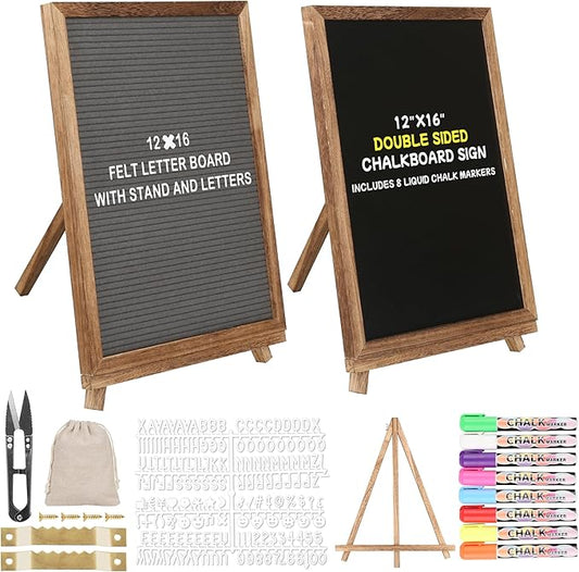 12x16 inch Double Sided Chalkboard and Felt Letter Board with Stand - Reversible Wooden Frame Easel for Menu, Announcements, Home, Office, Cafe, Restaurant Decor